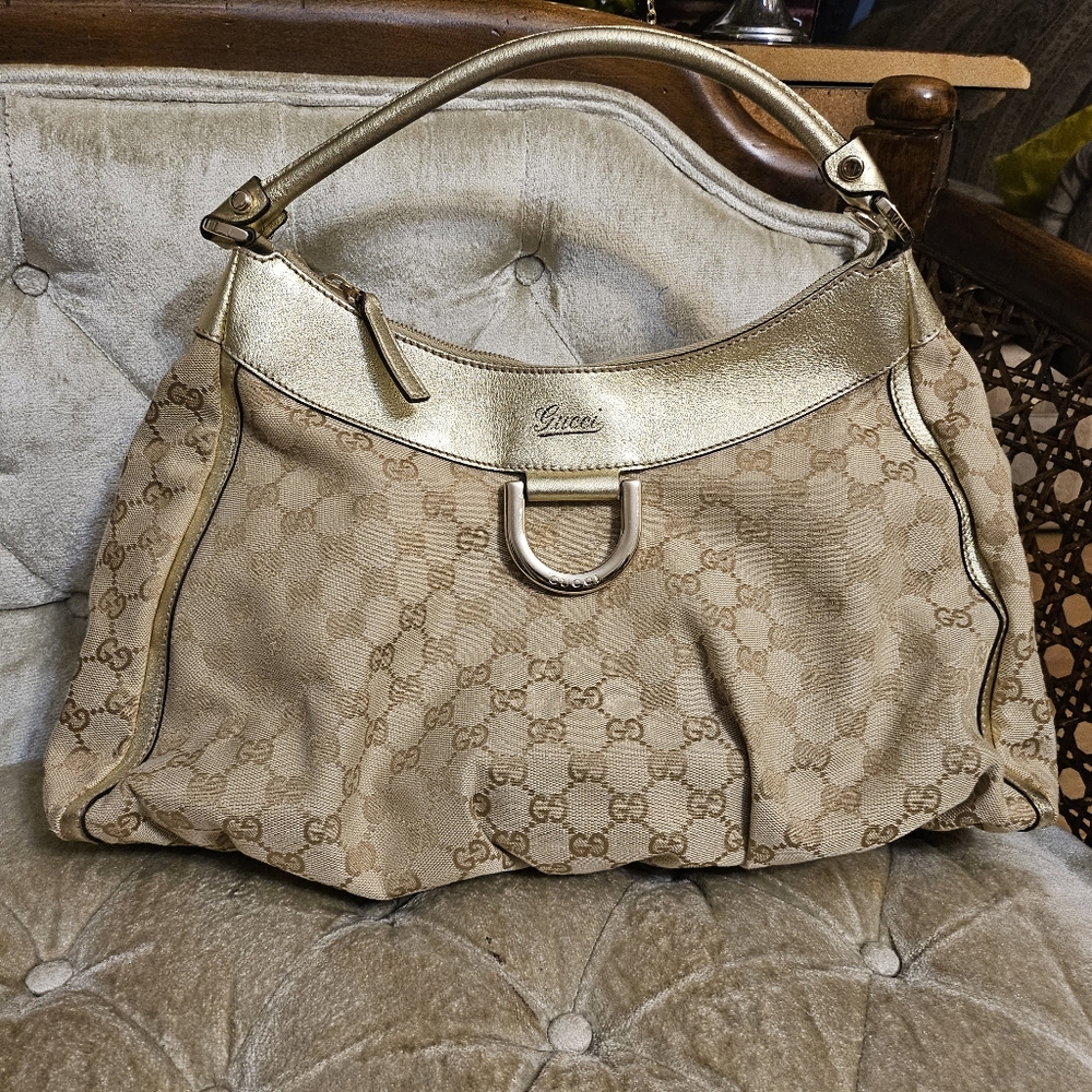 Gucci Beige and Gold Abbey D-Ring GG Hobo Bag